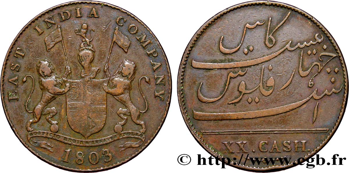 ILE DE FRANCE (MAURITIUS) XX (20) Cash East India Company 1803 Madras XF 
