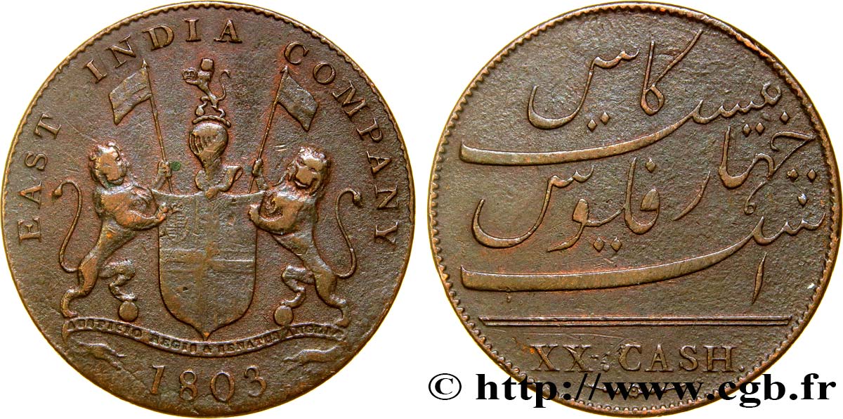 ÎLE DE FRANCE (ÎLE MAURICE) XX (20) Cash East India Company 1803 Madras TTB 