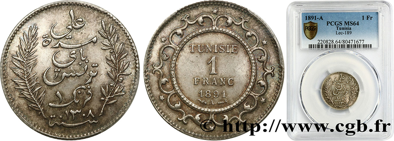 TUNISIA - Protettorato Francese 1 Franc AH 1308 1891 Paris MS64 PCGS
