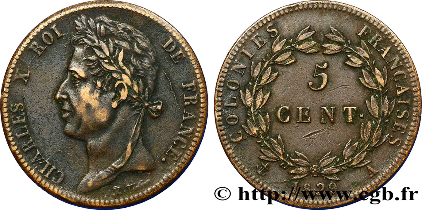 COLONIE FRANCESI - Carlo X, per Guyana 5 Centimes Charles X 1829 Paris - A BB