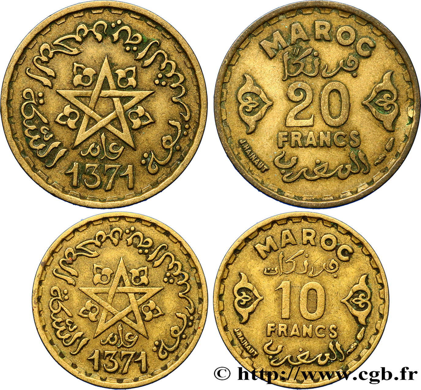MARUECOS - PROTECTORADO FRANCÉS Lot deux monnaies 10 et 20 Francs AH 1371 1952 Paris MBC 