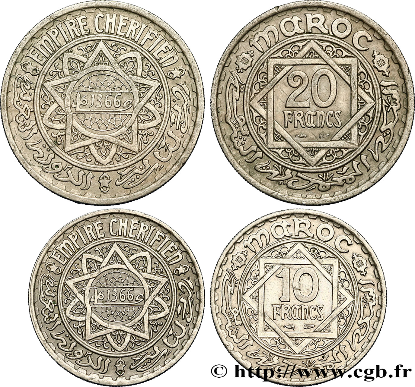MOROCCO - FRENCH PROTECTORATE Lot de deux monnaies 10 et 20 Francs AH 1366 1947 Paris AU 