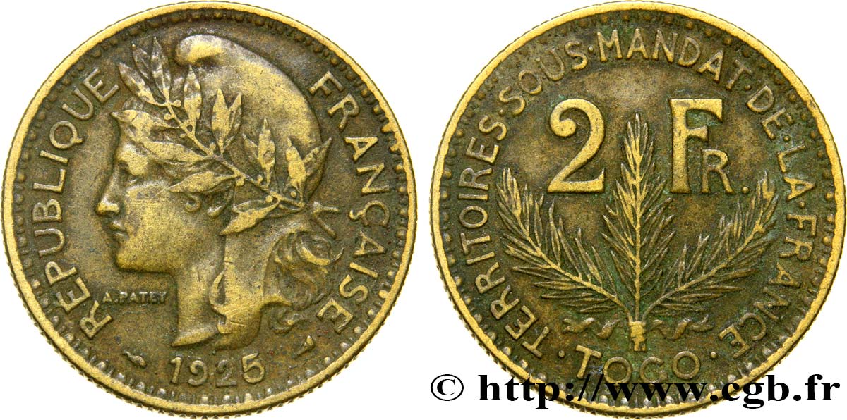 TOGO - TERRITOIRES SOUS MANDAT FRANÇAIS 2 Francs 1925 Paris TTB 