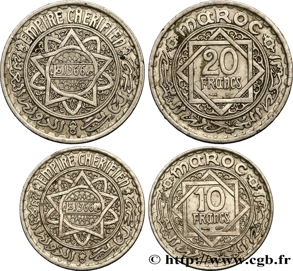 MOROCCO - FRENCH PROTECTORATE Lot de deux monnaies 10 et 20 Francs AH 1366 1947 Paris AU 