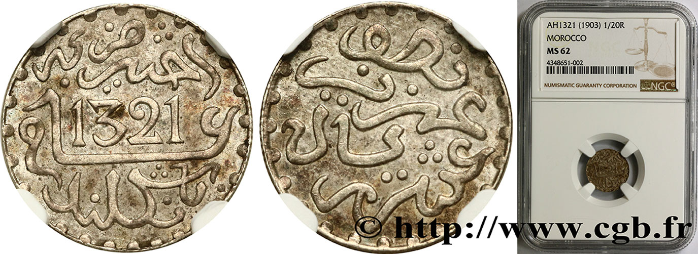 MOROCCO 1/2 Dirham Abdul Aziz I an 1321 1903 Londres MS62 NGC
