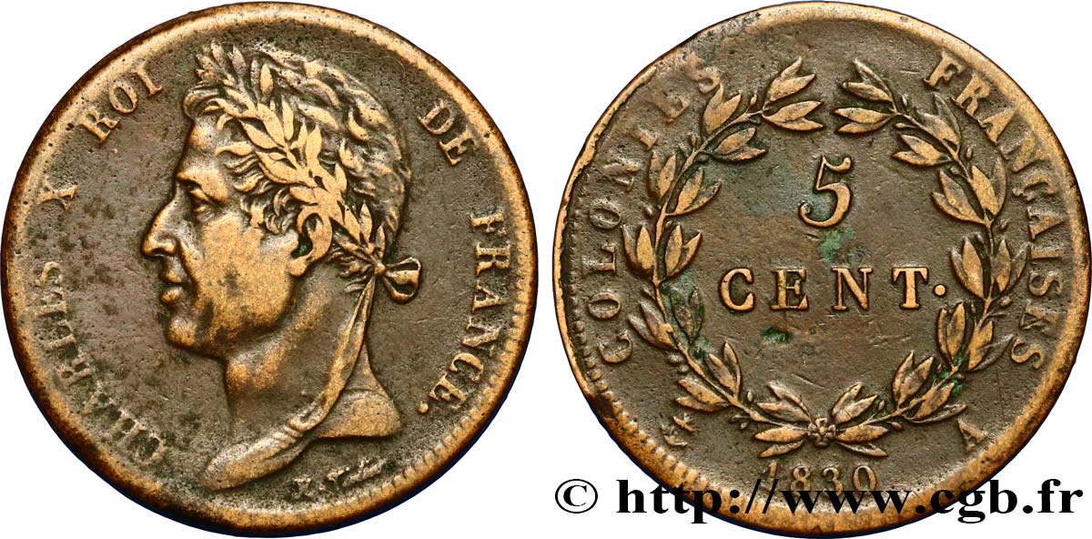 COLONIAS FRANCESAS - Charles X, para Guayana 5 Centimes Charles X 1830 Paris - A BC+ 