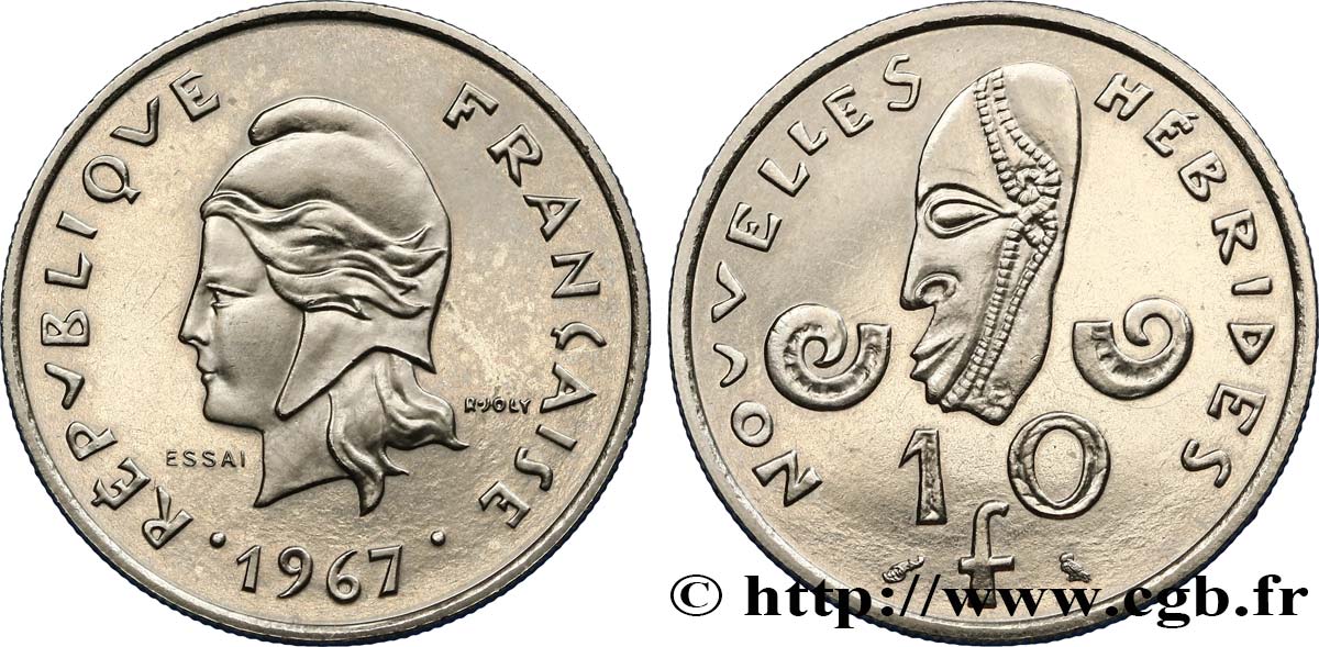 NUOVO EBRIDI (VANUATU dopo1980) Essai de 10 Francs Marianne / masque 1967 Paris MS 