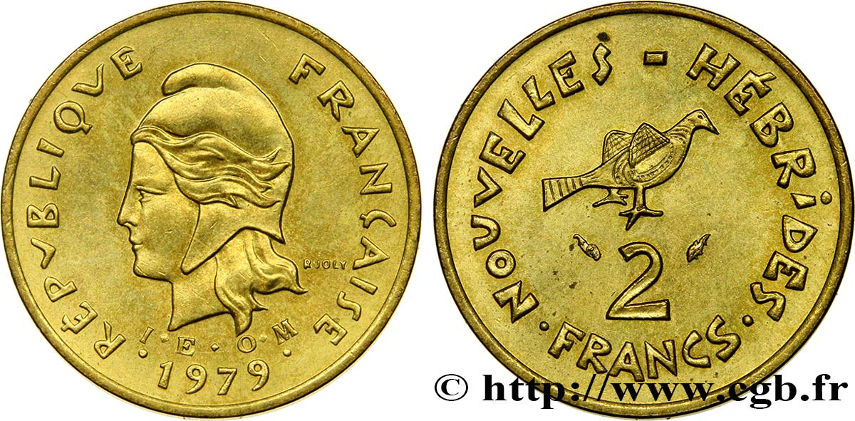 NOUVELLES HÉBRIDES (VANUATU depuis 1980) 2 Francs I. E. O. M. Marianne / oiseau 1979 Paris SPL 