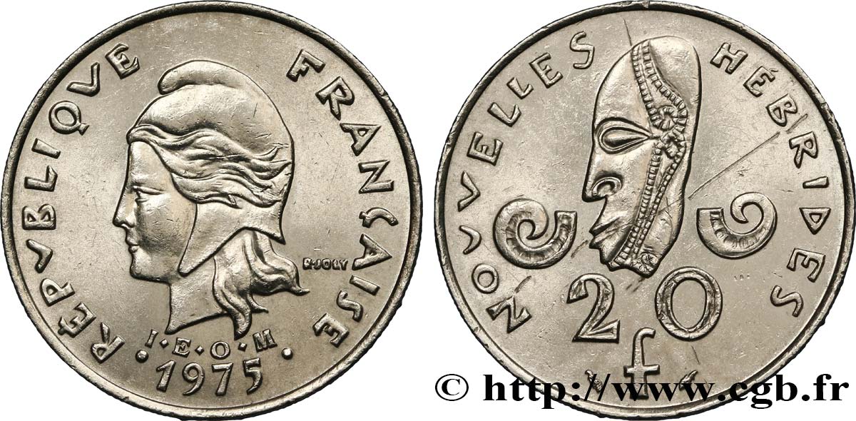 NEW HEBRIDES (VANUATU since 1980) 20 Francs 1975 Paris AU 