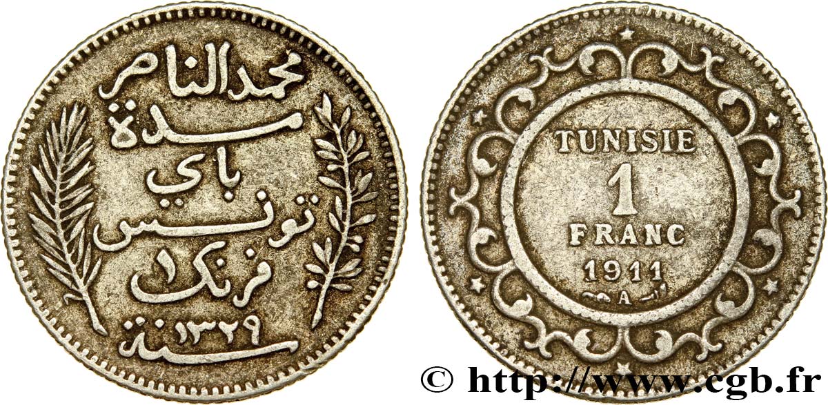 TUNISIA - FRENCH PROTECTORATE 1 Franc AH1329 1911 Paris XF 