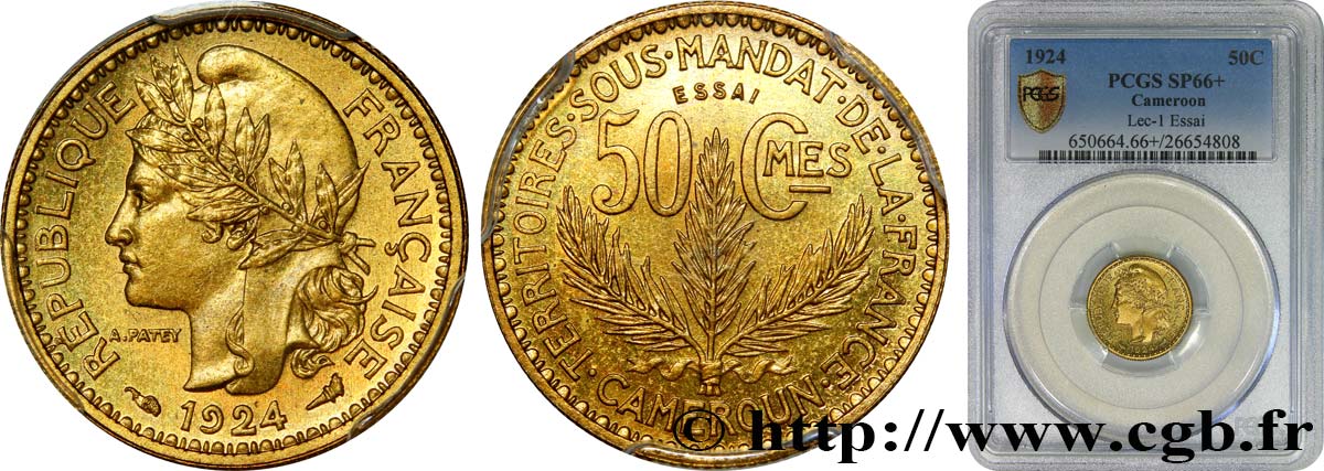 CAMEROON - TERRITORIES UNDER FRENCH MANDATE 50 Centimes Essai 1926 Paris MS66 PCGS