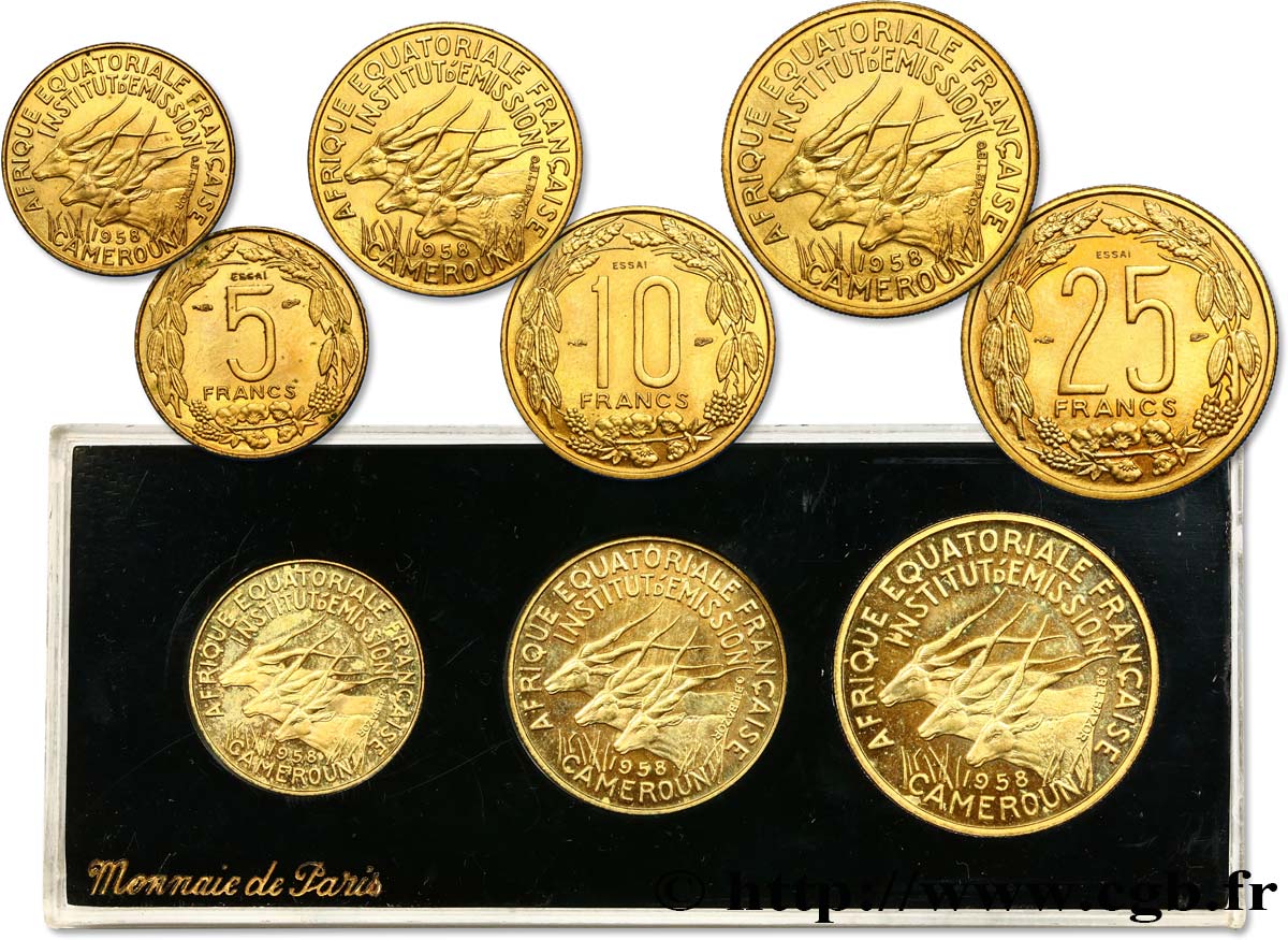 AFRICA EQUATORIALE FRANCESE - CAMERUN Boîte d’essais de 5, 10 et 25 Francs 1958 Paris MS 