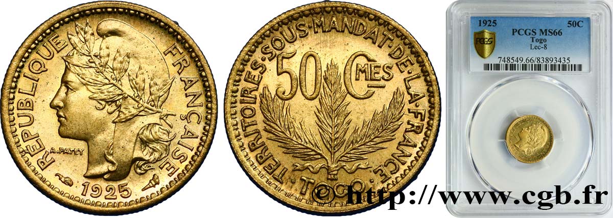 TOGO - MANDATO FRANCESE 50 centimes, pré-série de Morlon poids lourd, 2,5 grammes 1925 Paris FDC66 PCGS