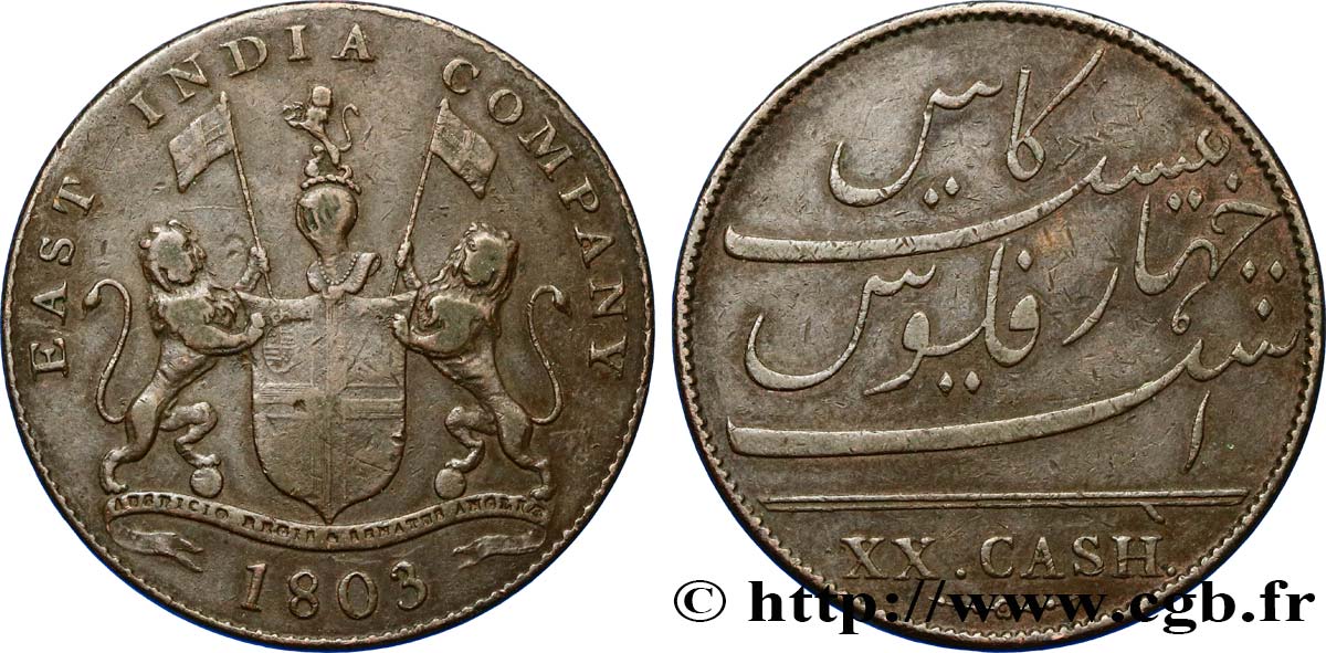 ILE DE FRANCE (MAURITIUS) XX (20) Cash East India Company 1803 Madras VF 