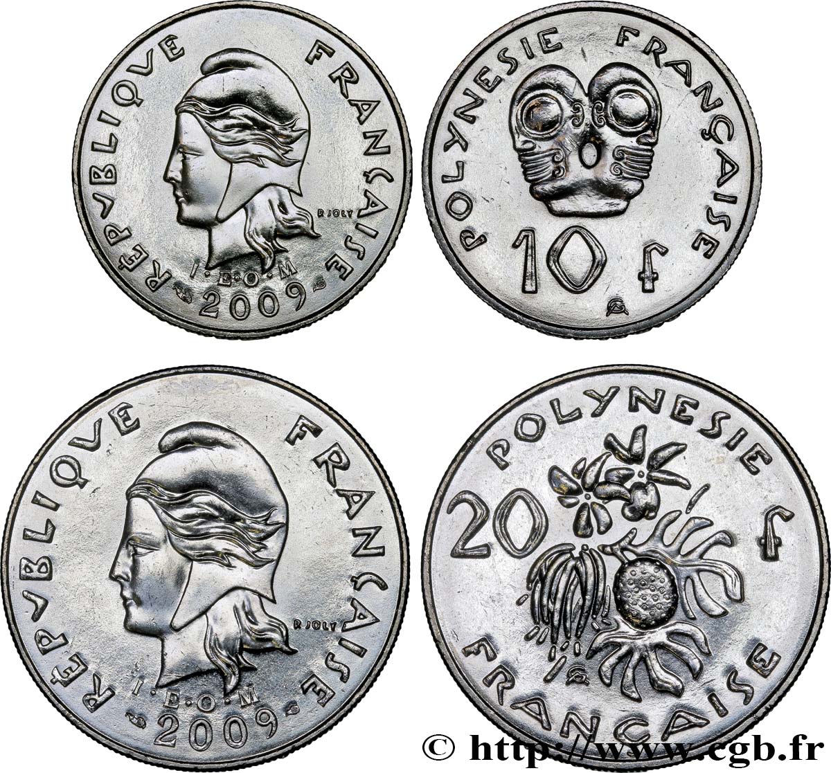 POLINESIA FRANCESA Lot de deux monnaies de 10 et 20 Francs I.E.O.M. Marianne 2009 Paris SC 