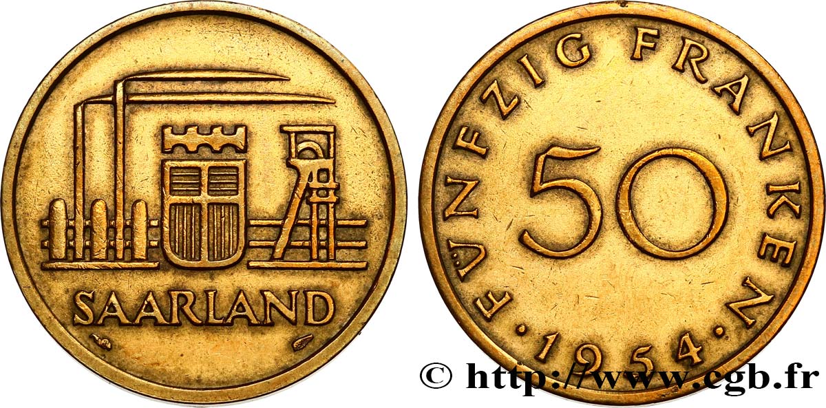 TERRITOIRE DE LA SARRE 50 Franken 1954 Paris TTB+