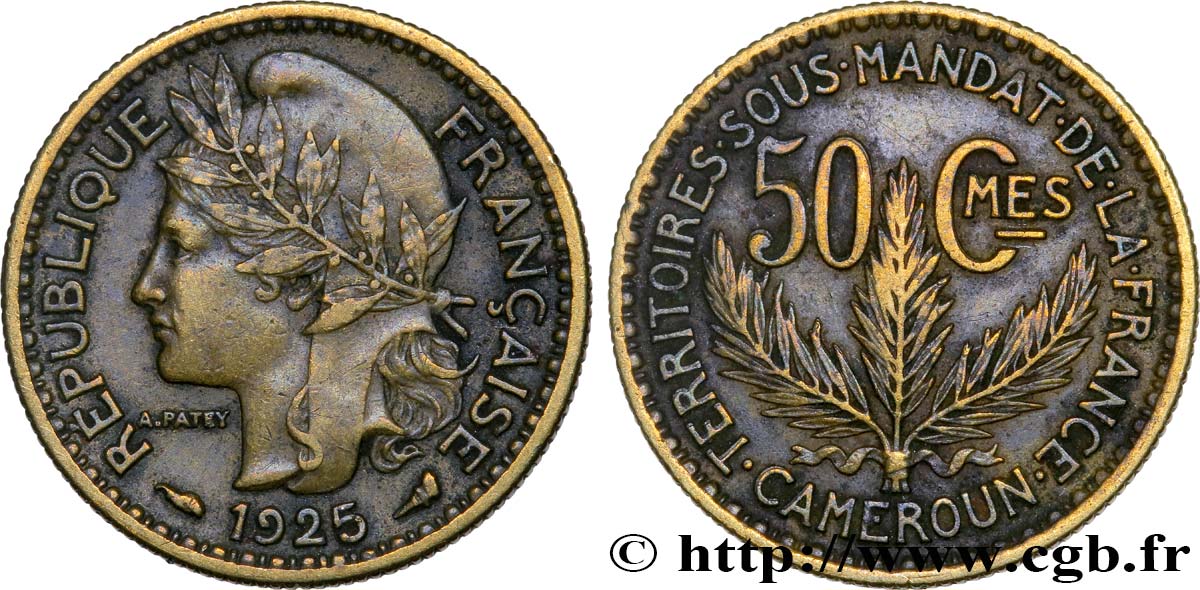 CAMEROON - FRENCH MANDATE TERRITORIES 50 Centimes 1925 Paris AU 