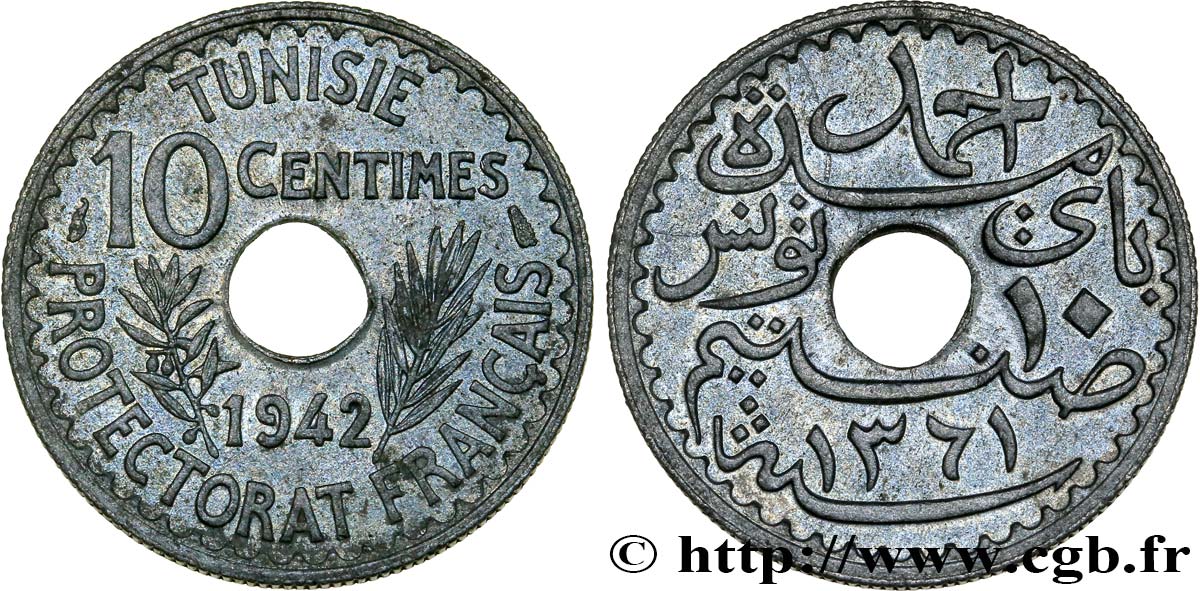 TUNISIA - French protectorate 10 Centimes AH 1361 1942 Paris AU 