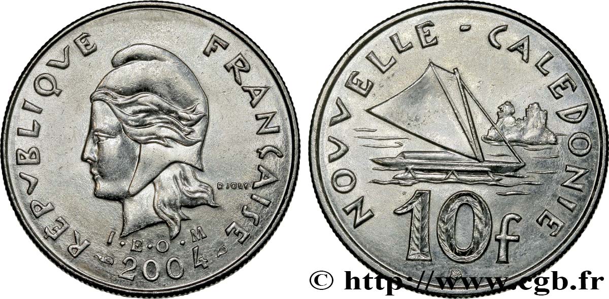 NUEVA CALEDONIA 10 Francs I.E.O.M. Marianne / paysage maritime néo-calédonien avec pirogue à voile  2004 Paris SC 