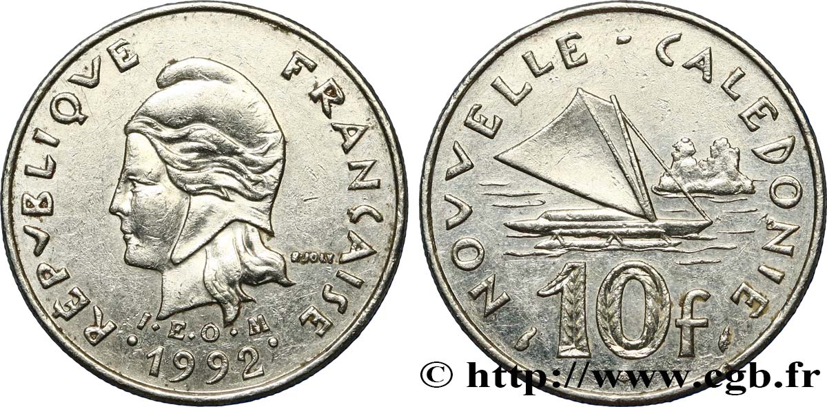 NEW CALEDONIA 10 Francs I.E.O.M. Marianne / paysage maritime néo-calédonien avec pirogue à voile  1992 Paris AU 