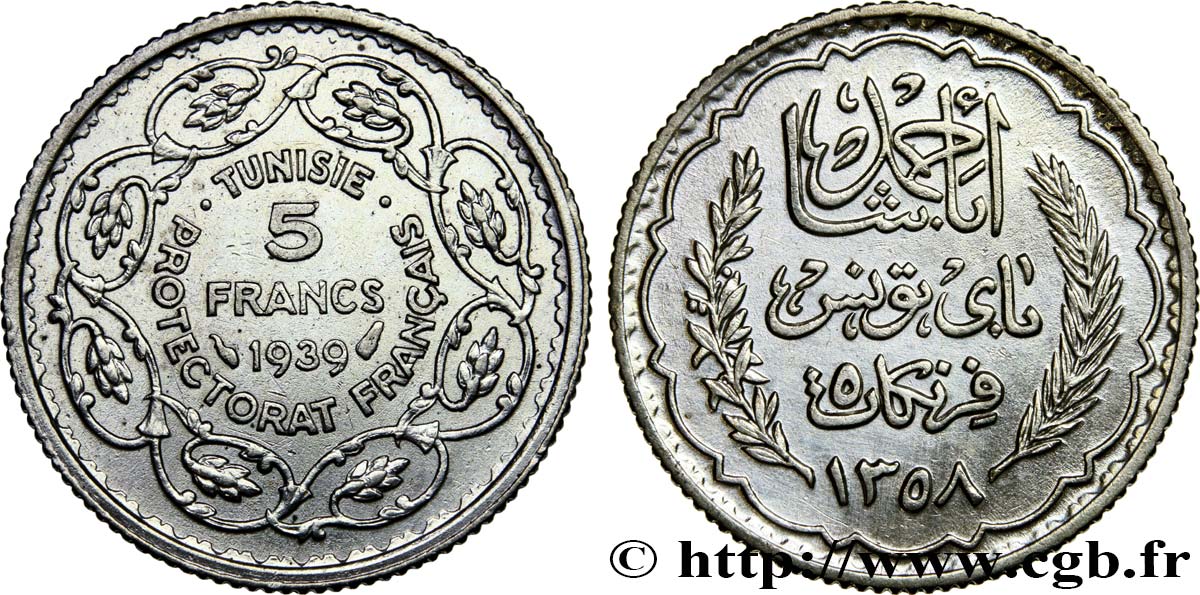 TUNESIEN - Französische Protektorate  5 Francs AH 1358 1939 Paris fVZ 