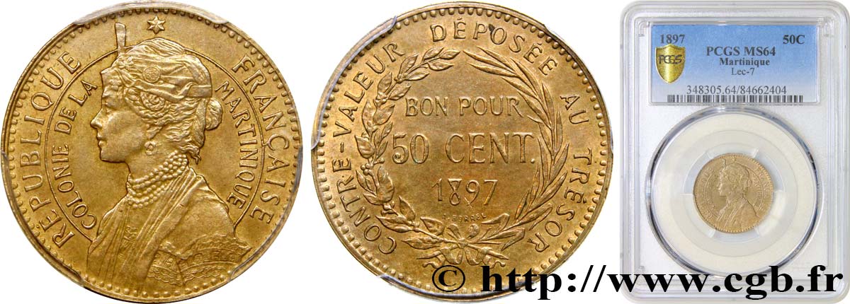 MARTINICA Bon pour 50 Centimes 1897  MS64 PCGS