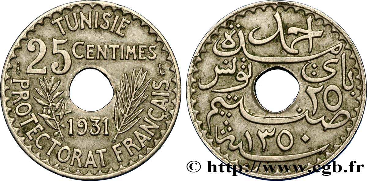 TUNISIA - French protectorate 25 Centimes AH1350 1931 Paris AU 