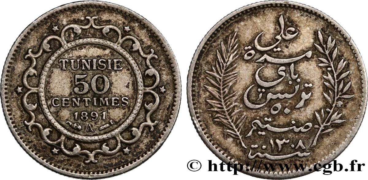 TUNISIA - FRENCH PROTECTORATE 50 Centimes AH 1308 1891 Paris XF 