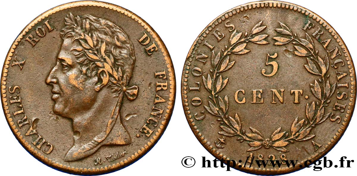 COLONIES FRANÇAISES - Charles X, pour la Guyane 5 Centimes Charles X 1828 Paris - A TTB+