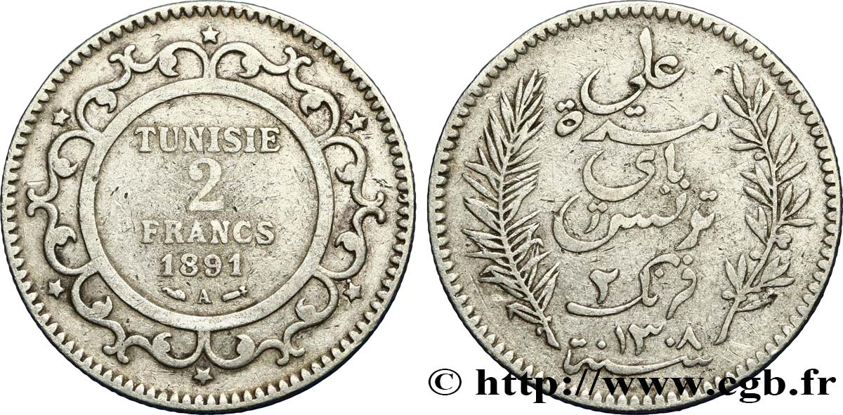 TUNISIA - FRENCH PROTECTORATE 2 Francs AH1308 1891 Paris - A VF 