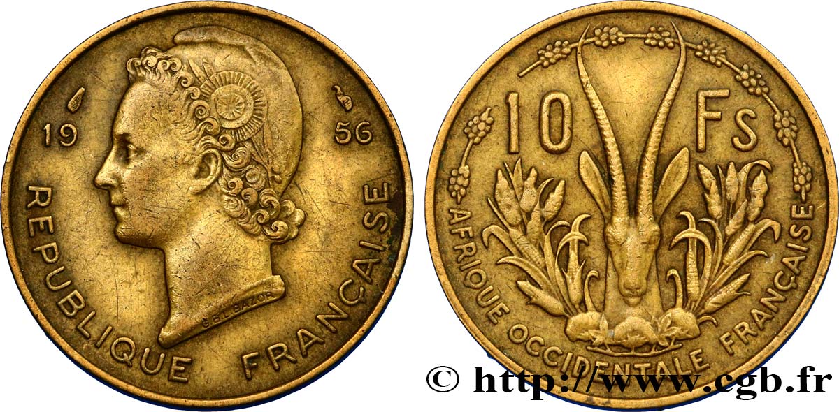 FRENCH WEST AFRICA 10 Francs Marianne / antilope 1956 Paris XF 