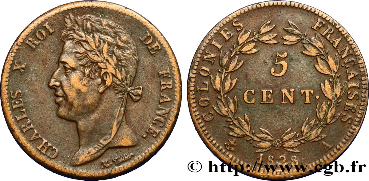 COLONIES FRANÇAISES - Charles X, pour la Guyane 5 Centimes Charles X 1828 Paris - A TTB