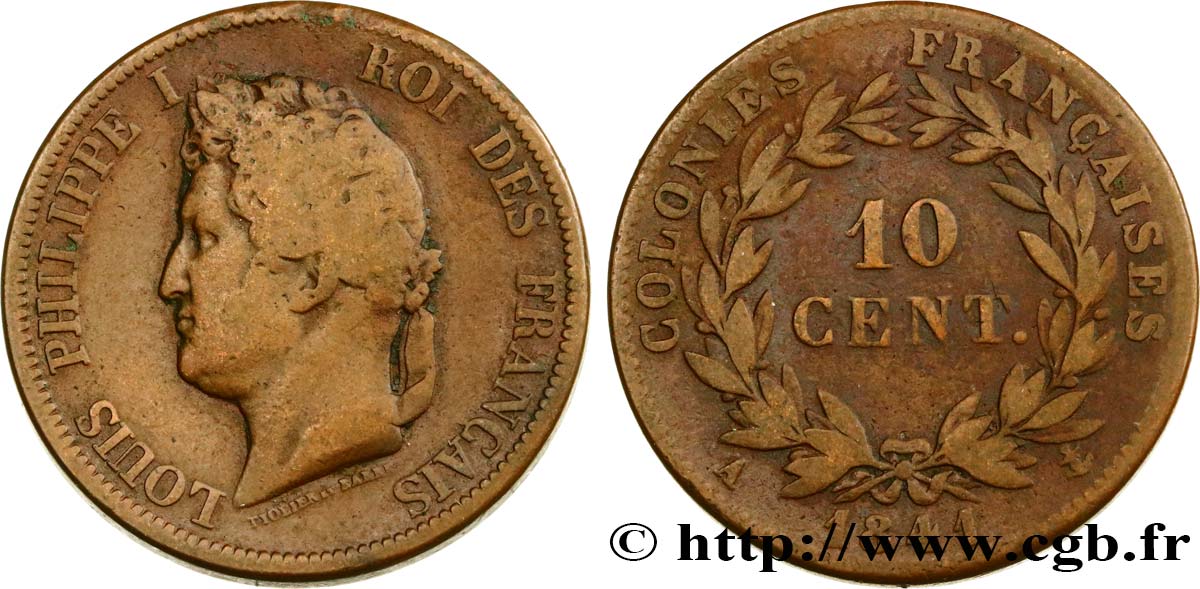 FRENCH COLONIES - Louis-Philippe for Guadeloupe 10 Centimes 1841 Paris VF 