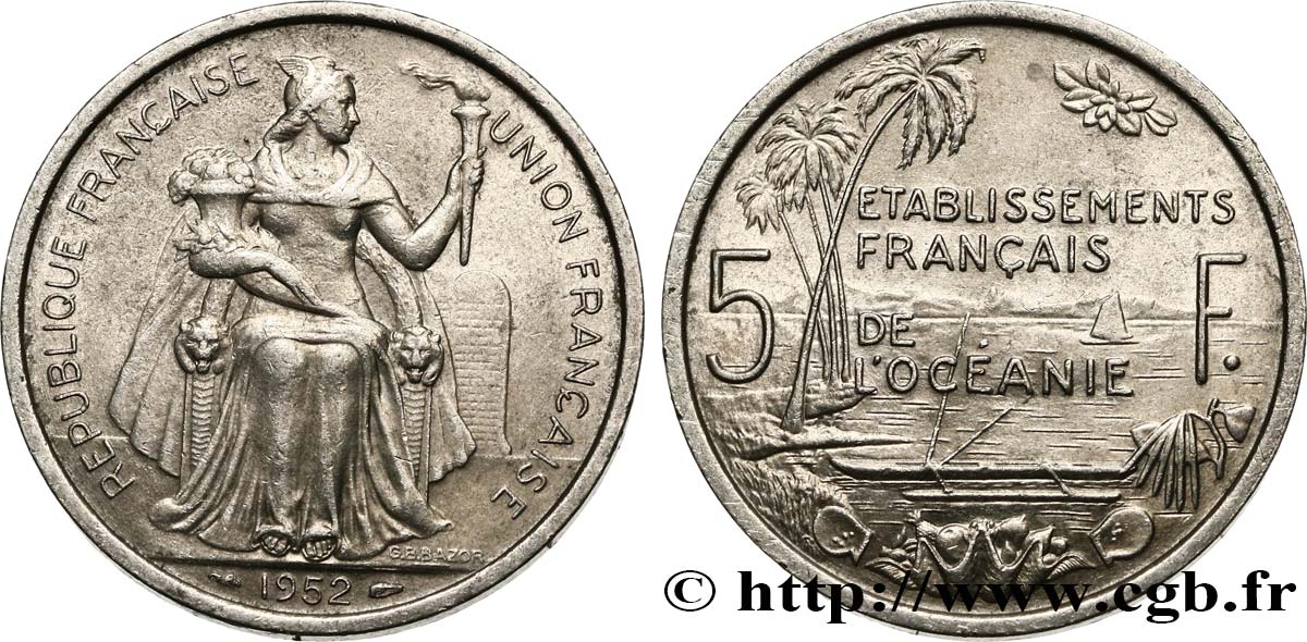 POLYNÉSIE FRANÇAISE - Océanie française 5 Francs Établissements Français de l’Océanie 1952 Paris SUP 