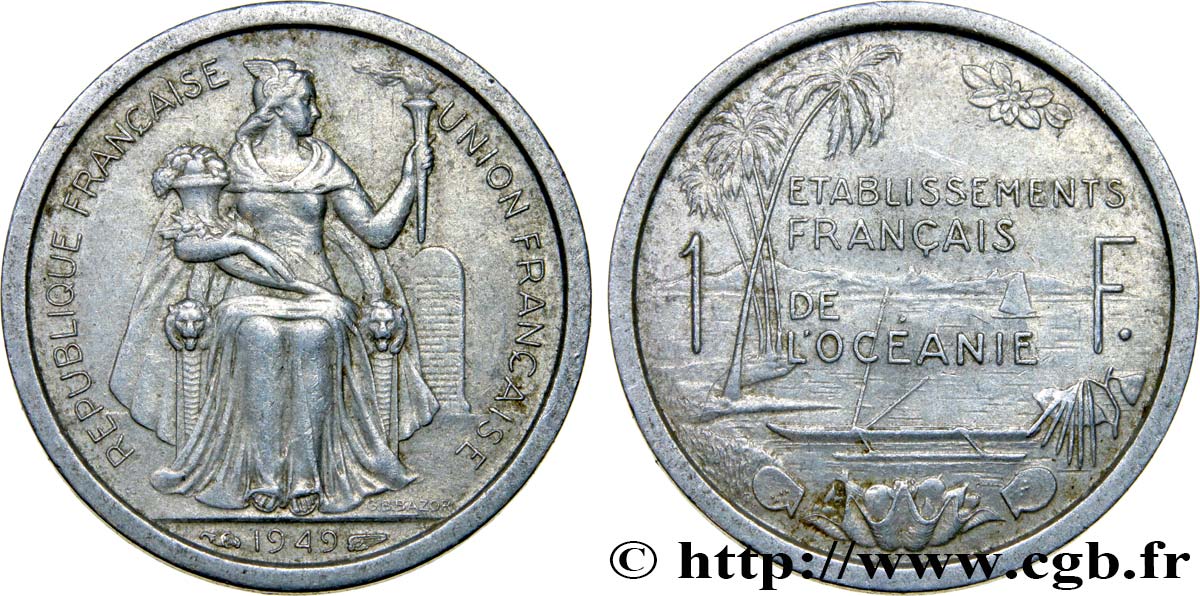 FRENCH POLYNESIA - Oceania Francesa 1 Franc établissement français de l’Océanie 1949 Paris MBC 