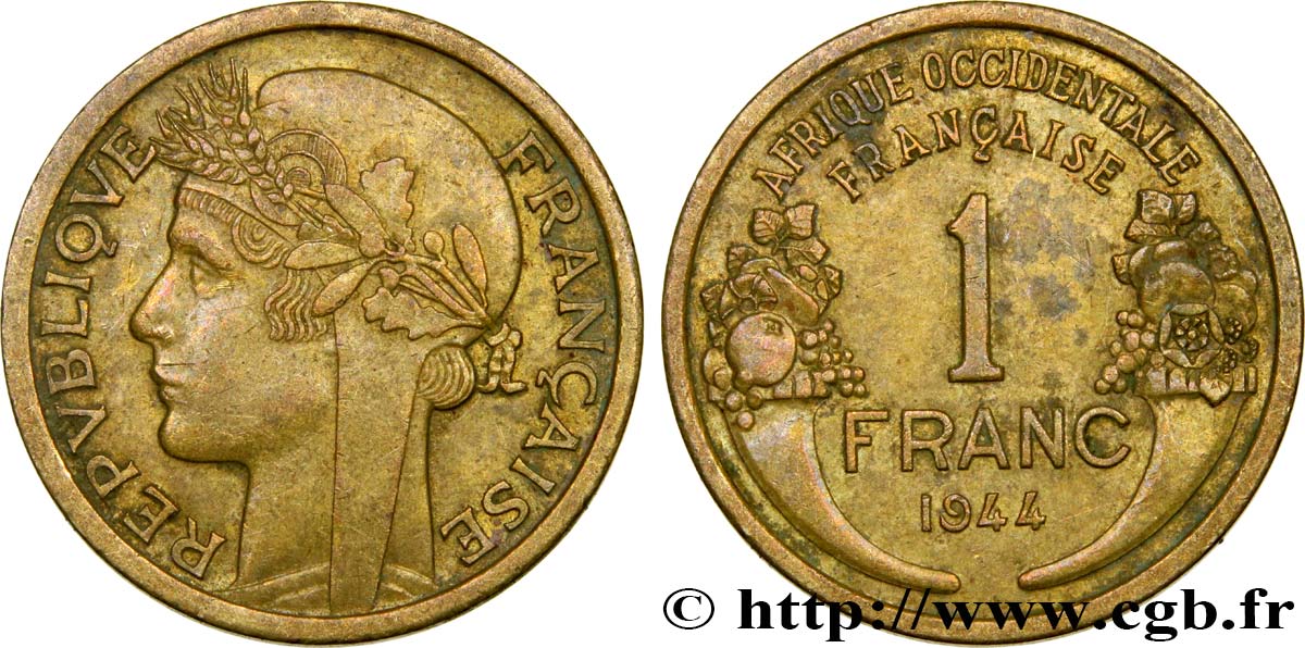 FRENCH WEST AFRICA 1 Franc Morlon 1944 Londres XF 