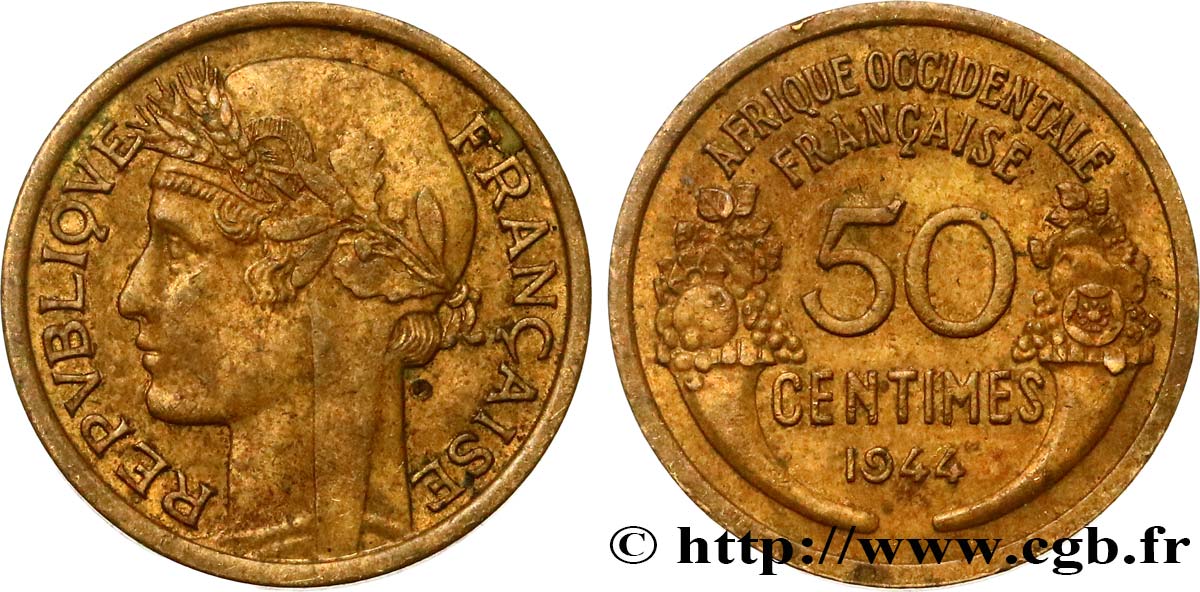 AFRIQUE OCCIDENTALE FRANÇAISE 50 Centimes Morlon 1944 Londres TTB