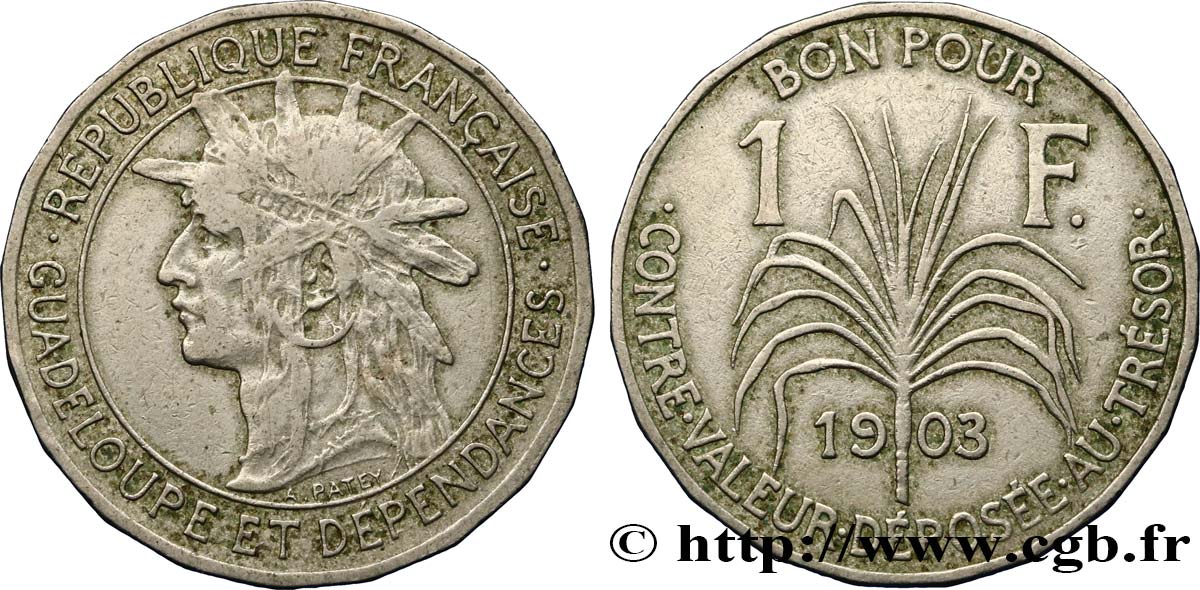 GUADELOUPE Bon pour 1 Franc indien caraïbe / canne à sucre 1903  fSS 