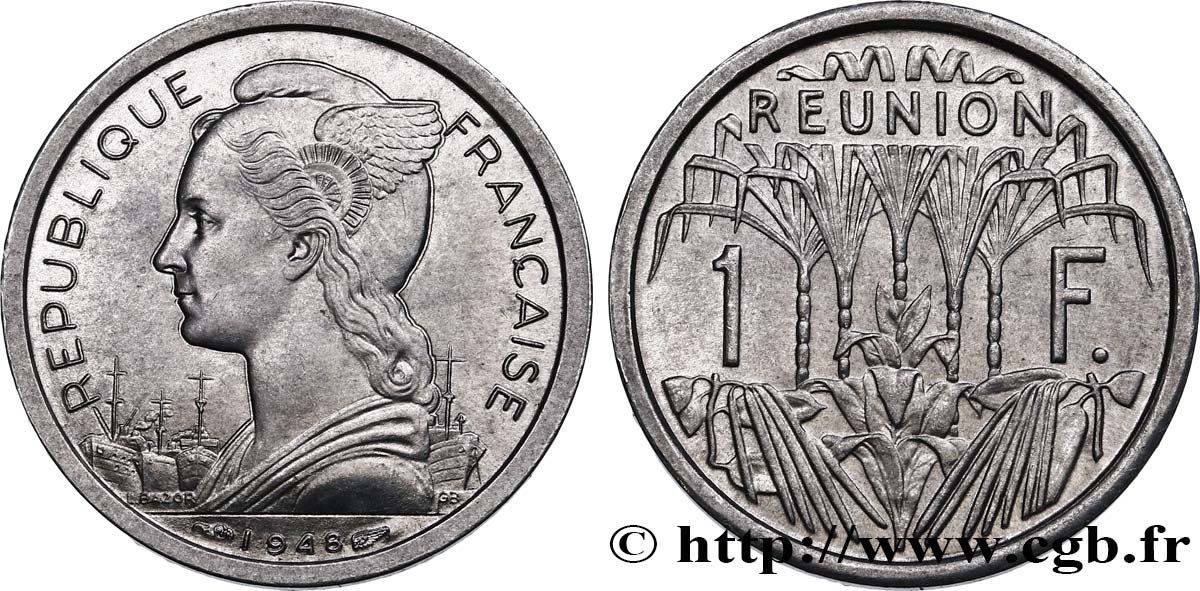 ÎLE DE LA RÉUNION 1 Franc Marianne / canne à sucre 1948 Paris SPL 