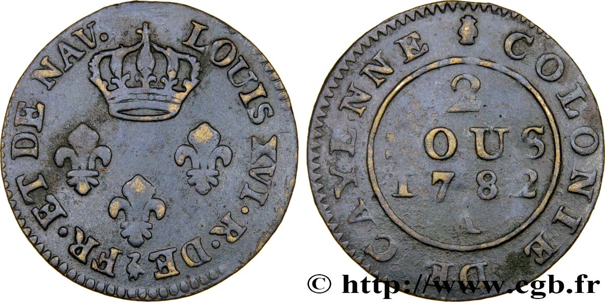FRENCH GUIANA 2 Sous colonies de Cayenne 2e type frappe médaille 1782 Paris - A VF 