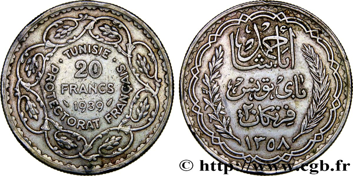 TUNISIA - FRENCH PROTECTORATE 20 Francs au nom du  Bey Ahmed an 1358 1939 Paris XF 