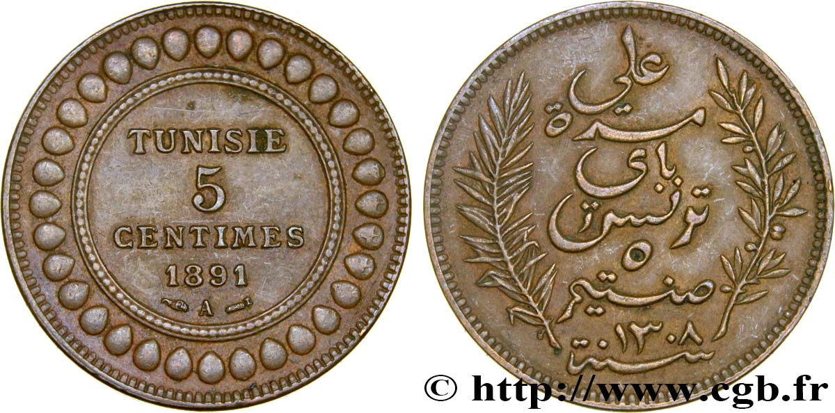TUNISIA - Protettorato Francese 5 Centimes AH1308 1891  SPL 