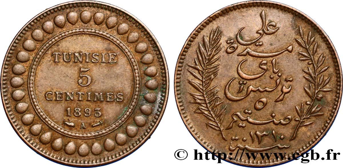 TUNISIA - FRENCH PROTECTORATE 5 Centimes AH1310 1893 Paris AU 