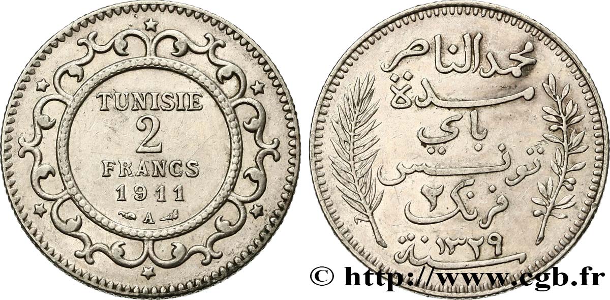 TUNEZ - Protectorado Frances 2 Francs AH1329 1911 Paris - A EBC 