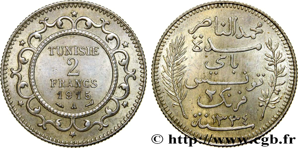 TUNISIA - FRENCH PROTECTORATE 2 Francs au nom du Bey Mohamed En-Naceur an 1334 1915 Paris - A AU 