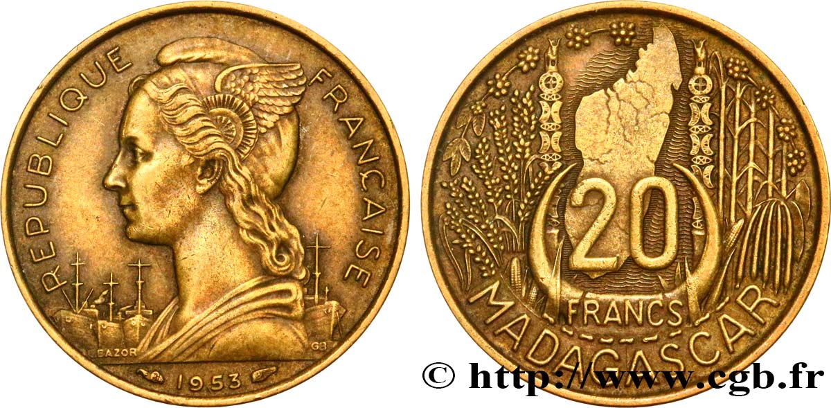 MADAGASCAR French Union 20 Francs 1953 Paris XF 