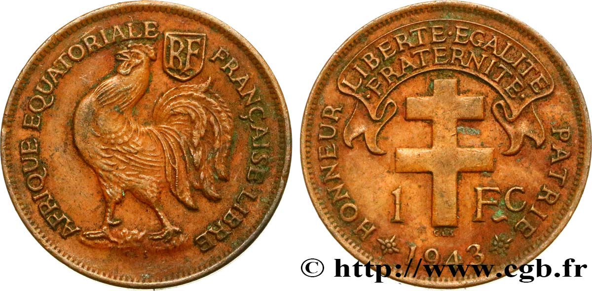AFRIQUE ÉQUATORIALE FRANÇAISE - FRANCE LIBRE 1 Franc 1943 Prétoria TTB 