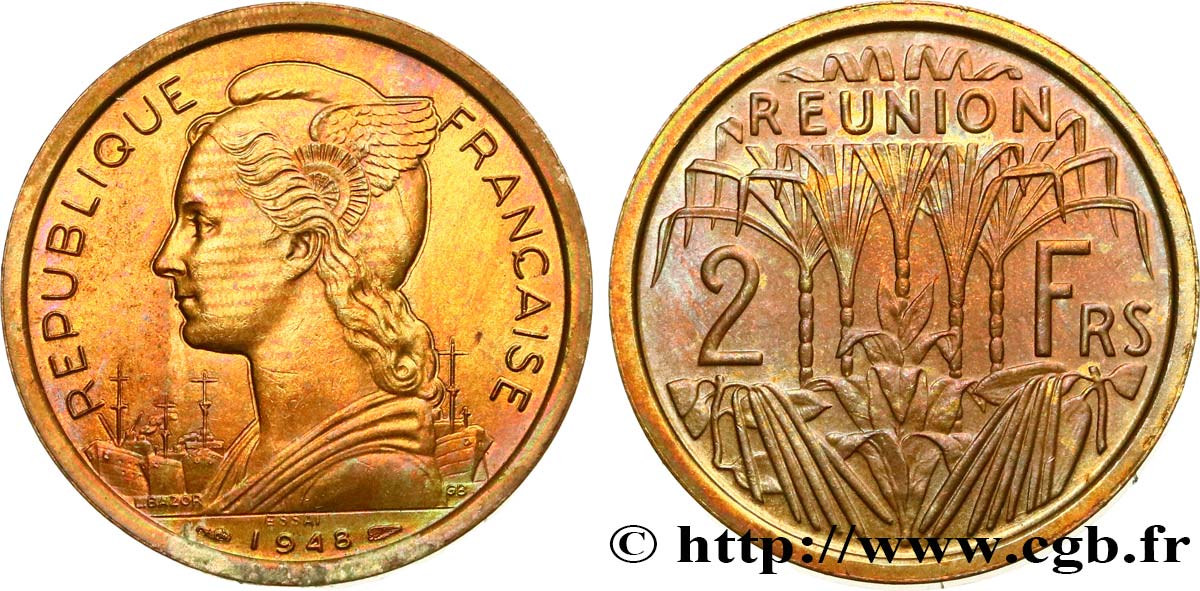 ÎLE DE LA RÉUNION Essai de 2 Francs 1948 Paris SPL 