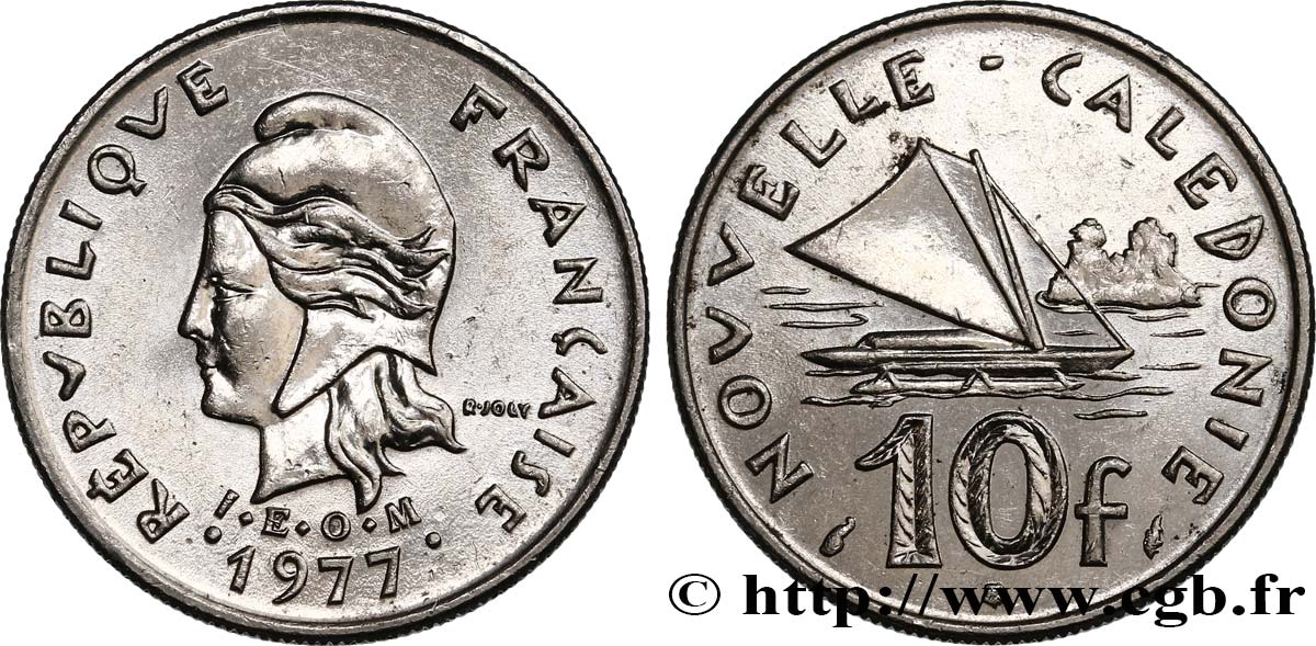 NEUKALEDONIEN 10 Francs I.E.O.M. Marianne / voilier 1977 Paris VZ+ 