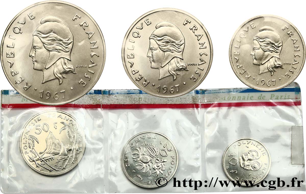 POLINESIA FRANCESA Série Fleurs de Coins de 3 monnaies 1967 Paris FDC70 